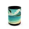 The Tropical Paradise Mug is a ceramic coffee cup featuring a vibrant beach scene with palm trees, turquoise waves, sandy shore, and a distant volcano—perfect vacation vibes and an ideal summer gift for beach lovers.