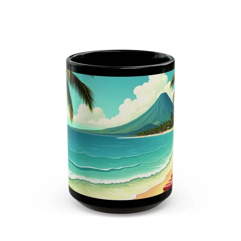 The Tropical Paradise Mug is a ceramic coffee cup featuring a vibrant beach scene with palm trees, turquoise waves, sandy shore, and a distant volcano—perfect vacation vibes and an ideal summer gift for beach lovers.