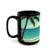 The Tropical Paradise Mug is a black ceramic coffee cup featuring a tropical beach scene with a palm tree, blue waves, and a sunny sky—perfect vacation vibes and an ideal summer gift for beach lovers.