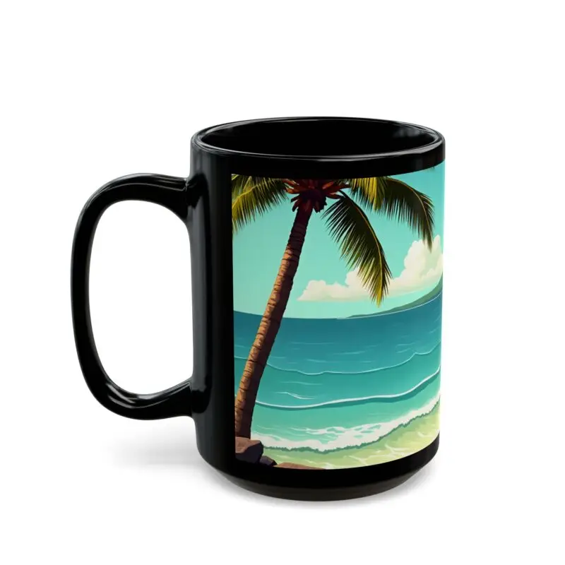 The Tropical Paradise Mug is a black ceramic coffee cup featuring a tropical beach scene with a palm tree, blue waves, and a sunny sky—perfect vacation vibes and an ideal summer gift for beach lovers.