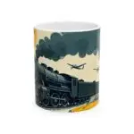 The Vintage Train & Airplane Ceramic Mug features a retro black steam train, two airplanes in a cloudy sky, and a yellow car—perfect for travel lovers, coffee enthusiasts, Father’s Day gifts, or vintage decor.