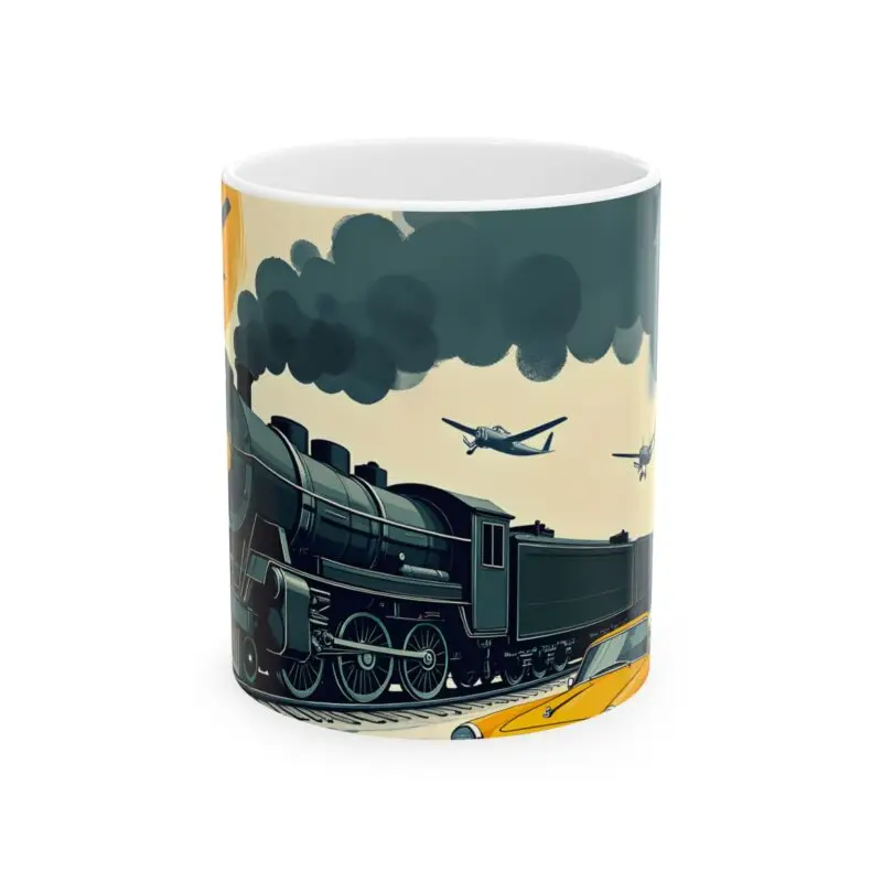 The Vintage Train & Airplane Ceramic Mug features a retro black steam train, two airplanes in a cloudy sky, and a yellow car—perfect for travel lovers, coffee enthusiasts, Father’s Day gifts, or vintage decor.