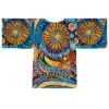 The Vibrant Long Sleeve Kimono Robe features boho chic abstract patterns with blue, orange, and yellow sun-like circles plus geometric and wave motifs—perfect as a festival cover-up, beachwear, or a stylish lounge gift for her.