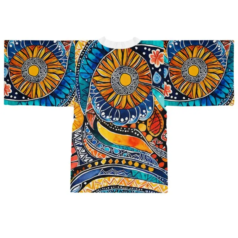 The Vibrant Long Sleeve Kimono Robe features boho chic abstract patterns with blue, orange, and yellow sun-like circles plus geometric and wave motifs—perfect as a festival cover-up, beachwear, or a stylish lounge gift for her.
