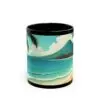 The Tropical Paradise Mug is a black ceramic coffee cup featuring a vibrant beach scene with turquoise waves, sandy shore, palm trees, and a distant mountain—perfect summer gift or relaxation mug for beach lovers.