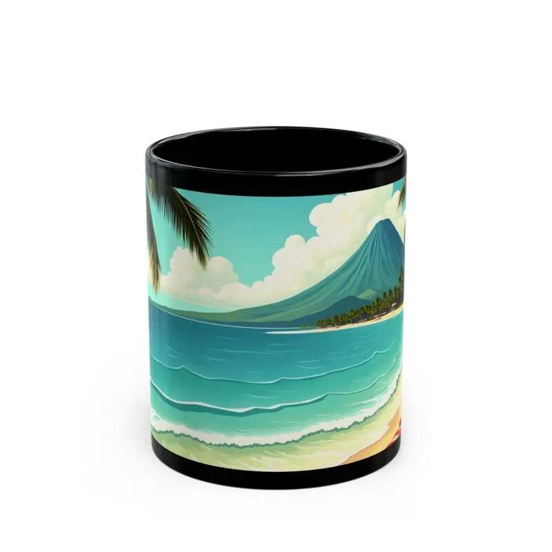 The Tropical Paradise Mug is a black ceramic coffee cup featuring a vibrant beach scene with turquoise waves, sandy shore, palm trees, and a distant mountain—perfect summer gift or relaxation mug for beach lovers.