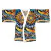 The Vibrant Long Sleeve Kimono Robe is a boho chic cover-up featuring bold, abstract blue, orange, yellow, and black sunburst and wave patterns with geometric and dotted details—perfect festival apparel or beach/lounge wear.