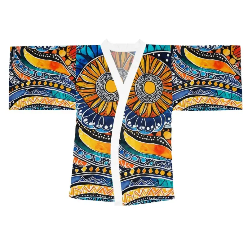 The Vibrant Long Sleeve Kimono Robe is a boho chic cover-up featuring bold, abstract blue, orange, yellow, and black sunburst and wave patterns with geometric and dotted details—perfect festival apparel or beach/lounge wear.