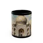The Taj Mahal Coffee Mug is a ceramic mug with a black rim and interior, featuring a detailed artistic illustration of the Taj Mahal—perfect as a unique travel mug or gift for art lovers.