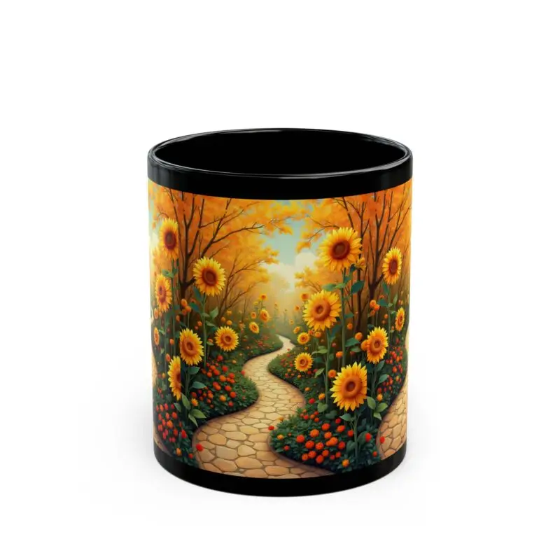 Sunny Pathway Black Mug - Nature Lover Gift, Coffee Cup, Floral Decor, Spring Vibes, Gift for Her