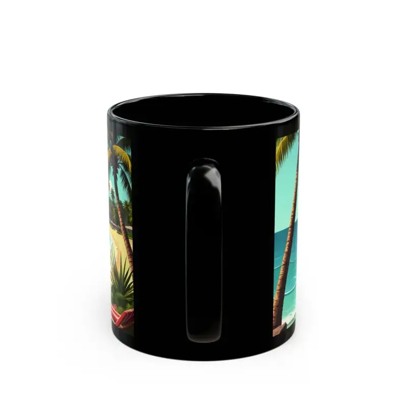 The Tropical Paradise Mug is a black ceramic coffee cup featuring a tropical beach scene with palm trees, blue sky, and ocean waves. The vibrant design wraps partly around the handle, making it the perfect summer gift for beach lovers.