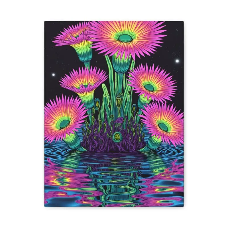 Pink Flowers on Serene Waters, Floral Wall Art Canvas, Psychedelic Artwork