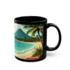 The Tropical Paradise Mug is a black coffee cup featuring a vibrant beach scene with palm trees, lounge chairs, waves, and a volcano under a blue sky—perfect summer gift and relaxation drinkware for beach lovers.