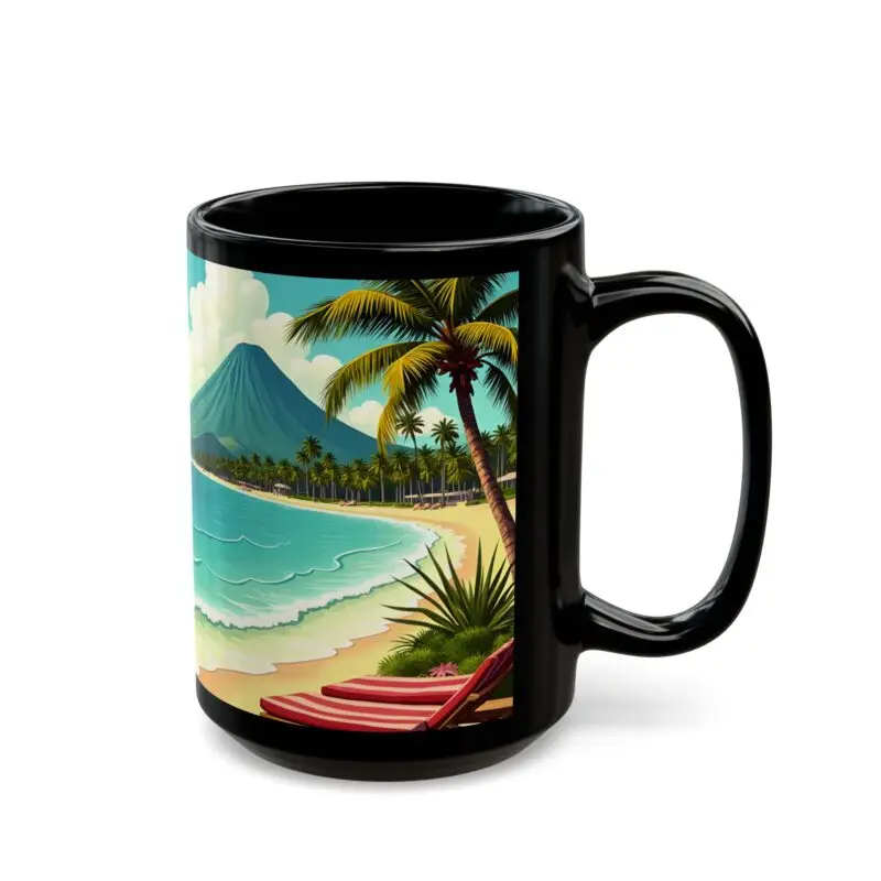 The Tropical Paradise Mug is a black coffee cup featuring a vibrant beach scene with palm trees, lounge chairs, waves, and a distant mountain—perfect vacation vibes drinkware for beach lovers.