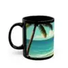 The Tropical Paradise Mug is a black coffee cup featuring a beach scene with a palm tree, blue ocean waves, and a partly cloudy sky—perfect summer gift and relaxation drinkware for beach lovers.